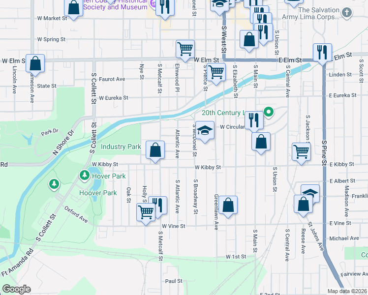map of restaurants, bars, coffee shops, grocery stores, and more near 515 Ontario Street in Lima