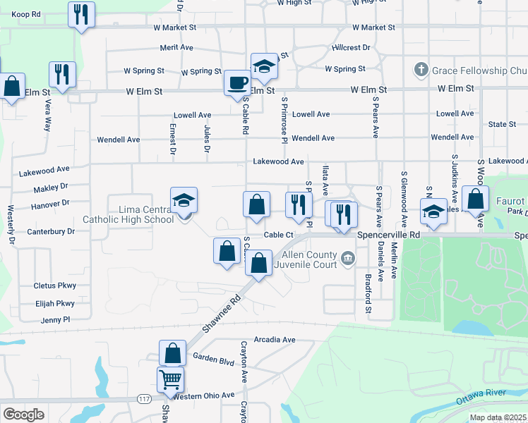 map of restaurants, bars, coffee shops, grocery stores, and more near 725 South Cable Road in Lima