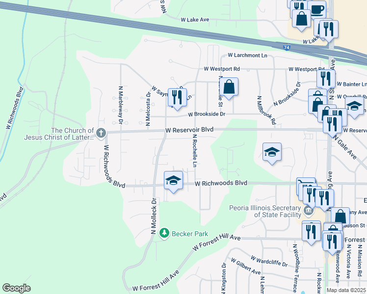 map of restaurants, bars, coffee shops, grocery stores, and more near 3535 North Rochelle Lane in Peoria