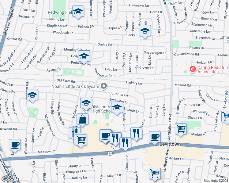 map of restaurants, bars, coffee shops, grocery stores, and more near 1 Locustwood Lane in Levittown