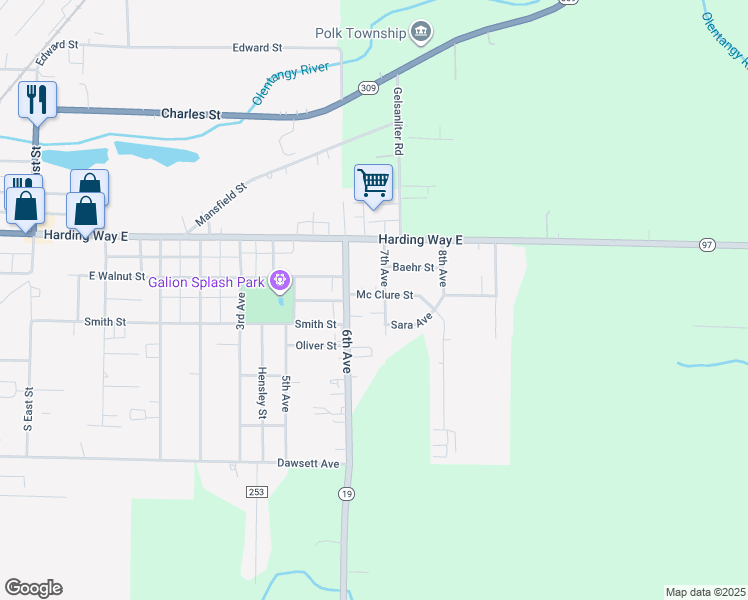map of restaurants, bars, coffee shops, grocery stores, and more near 1387 Mc Clure Street in Galion