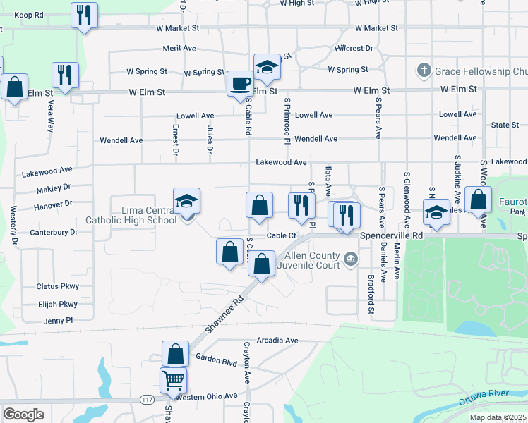 map of restaurants, bars, coffee shops, grocery stores, and more near 725 S Cable Rd in Lima