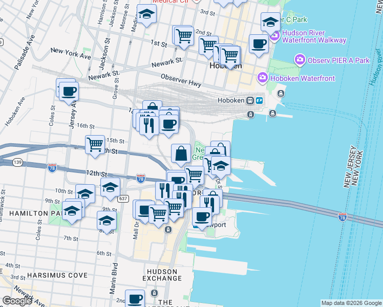 map of restaurants, bars, coffee shops, grocery stores, and more near 610 Washington Boulevard in Jersey City