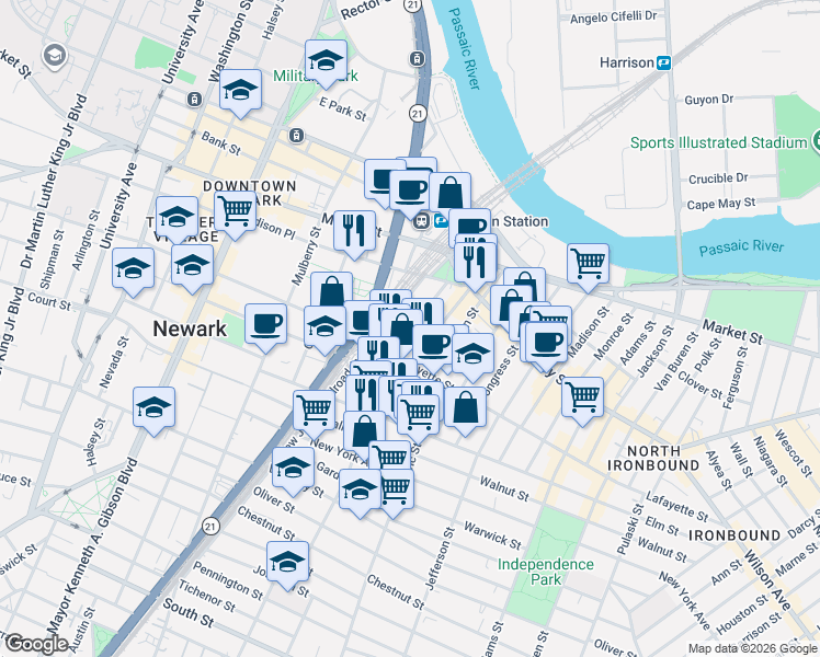 map of restaurants, bars, coffee shops, grocery stores, and more near in Newark
