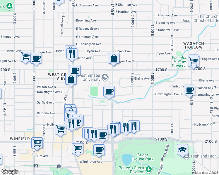 map of restaurants, bars, coffee shops, grocery stores, and more near 1840 South 1300 East in Salt Lake City