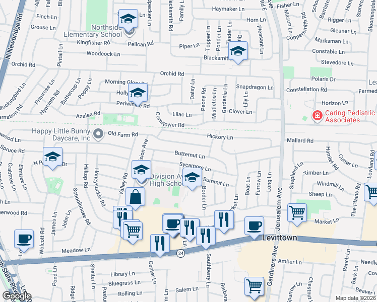 map of restaurants, bars, coffee shops, grocery stores, and more near 1 Locustwood Lane in Levittown