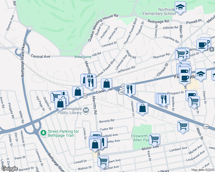 map of restaurants, bars, coffee shops, grocery stores, and more near 2 Stratford Green in Farmingdale
