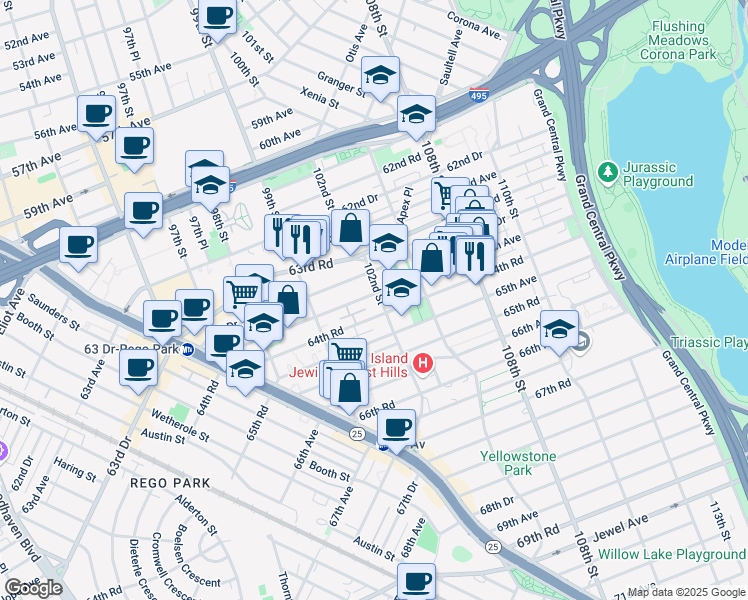 map of restaurants, bars, coffee shops, grocery stores, and more near 99-60 64th Avenue in Queens
