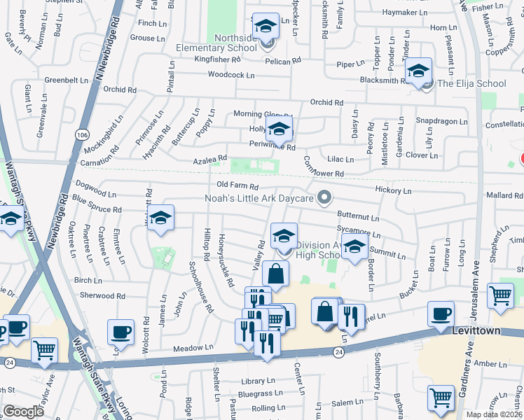 map of restaurants, bars, coffee shops, grocery stores, and more near 91 Valley Road in Levittown