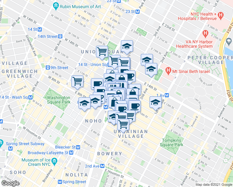 map of restaurants, bars, coffee shops, grocery stores, and more near 116 East 11th Street in New York