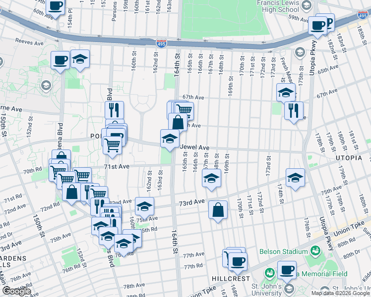 map of restaurants, bars, coffee shops, grocery stores, and more near 70-22 165th Street in Queens