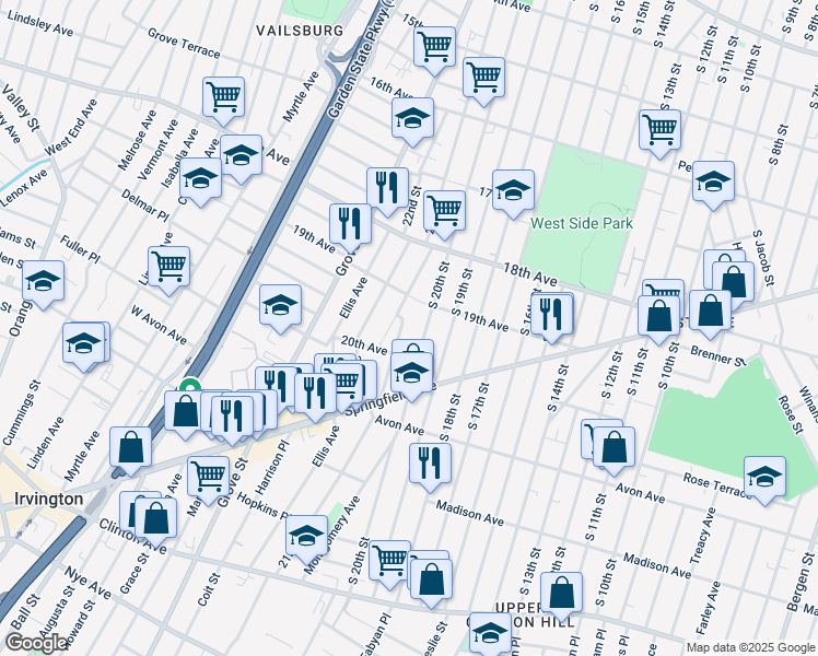 map of restaurants, bars, coffee shops, grocery stores, and more near 743 South 20th Street in Newark