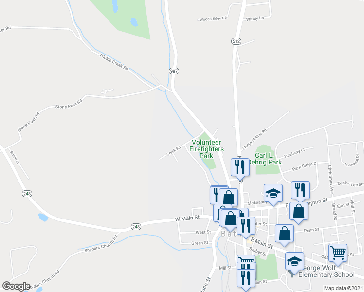 map of restaurants, bars, coffee shops, grocery stores, and more near Creek Road in Bath