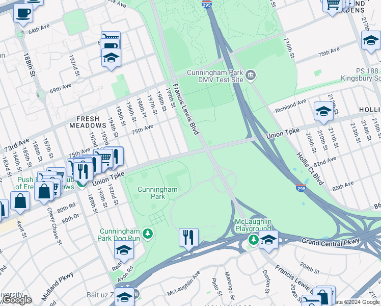 map of restaurants, bars, coffee shops, grocery stores, and more near 19600 Union Turnpike in Queens