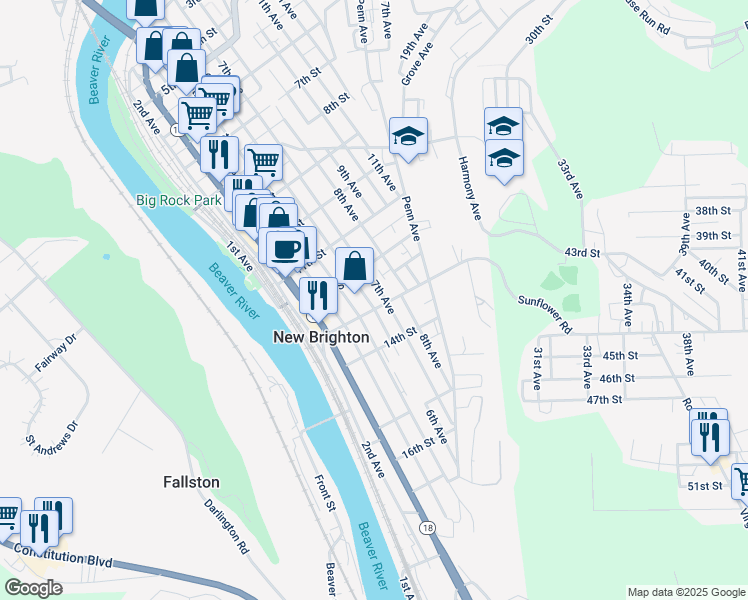 map of restaurants, bars, coffee shops, grocery stores, and more near 1233 6th Avenue in New Brighton