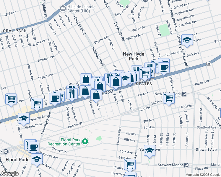 map of restaurants, bars, coffee shops, grocery stores, and more near 214 Jericho Turnpike in New Hyde Park