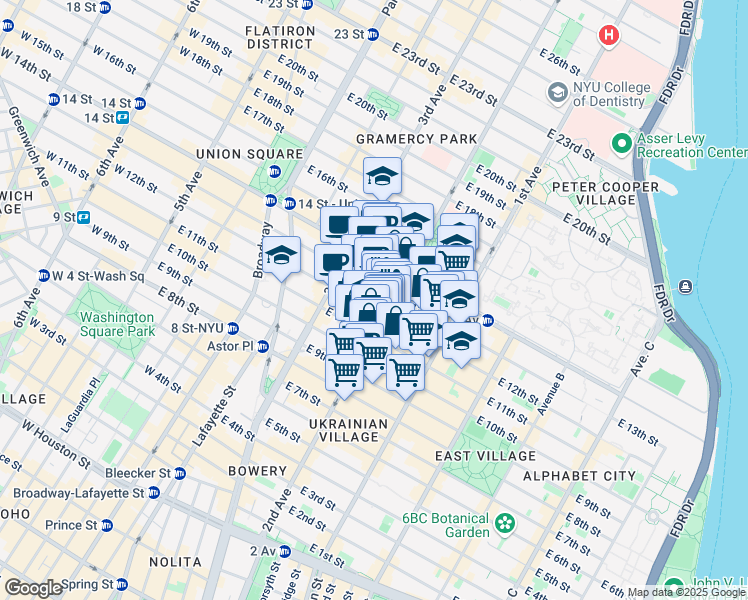 map of restaurants, bars, coffee shops, grocery stores, and more near 233 East 12th Street in New York