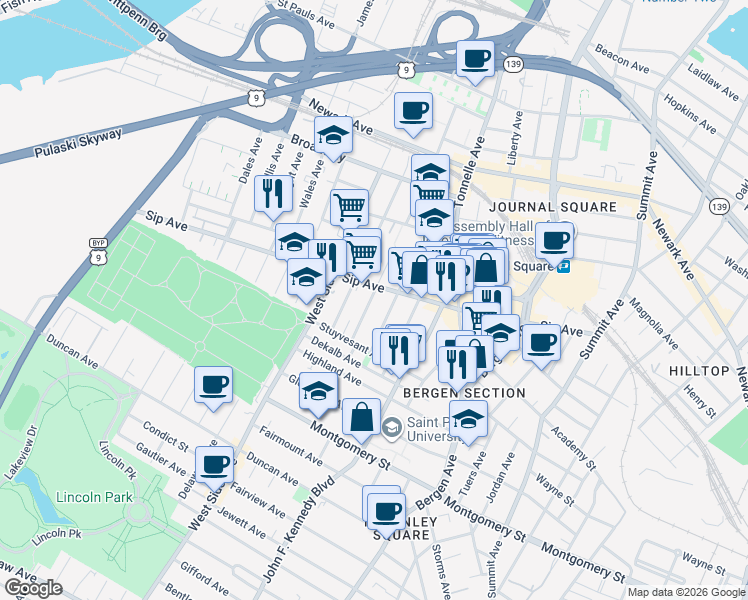map of restaurants, bars, coffee shops, grocery stores, and more near 42 Van Wagenen Avenue in Jersey City