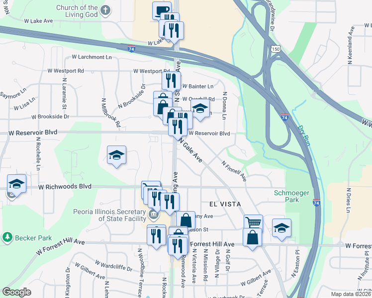 map of restaurants, bars, coffee shops, grocery stores, and more near 3508 North El Vista Avenue in Peoria