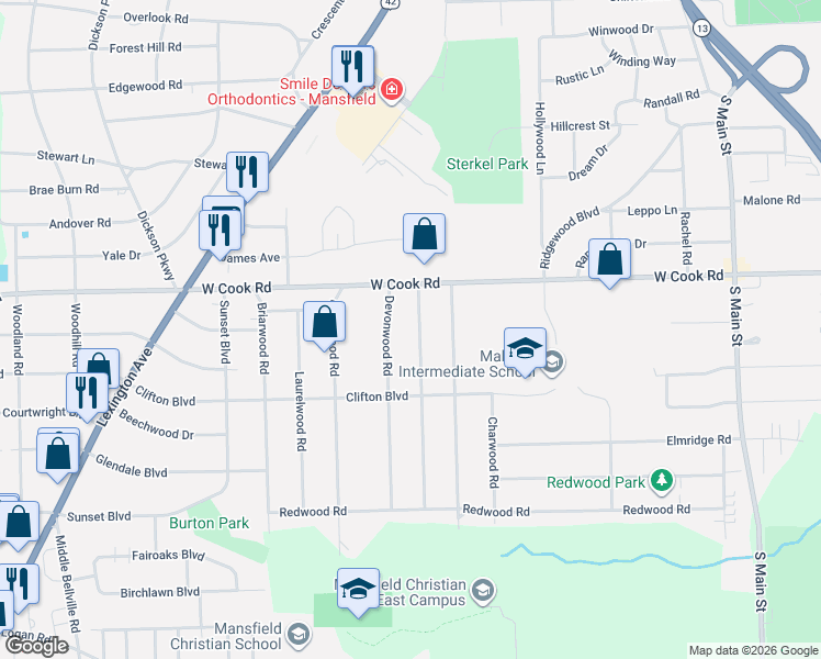 map of restaurants, bars, coffee shops, grocery stores, and more near 1031 Yorkwood Road in Mansfield