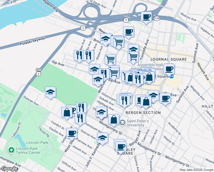map of restaurants, bars, coffee shops, grocery stores, and more near 916 West Side Avenue in Jersey City