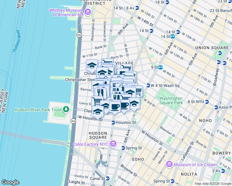 map of restaurants, bars, coffee shops, grocery stores, and more near Commerce Street in New York