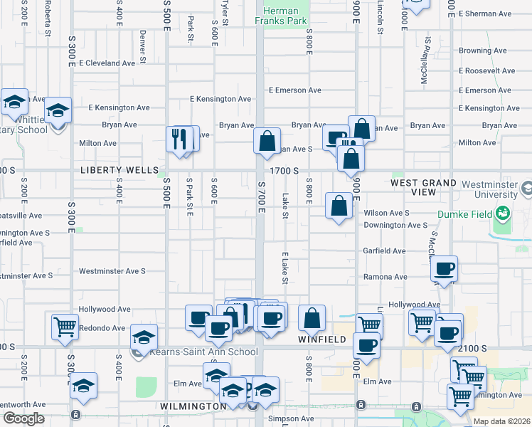 map of restaurants, bars, coffee shops, grocery stores, and more near 1779 South 700 East in Salt Lake City