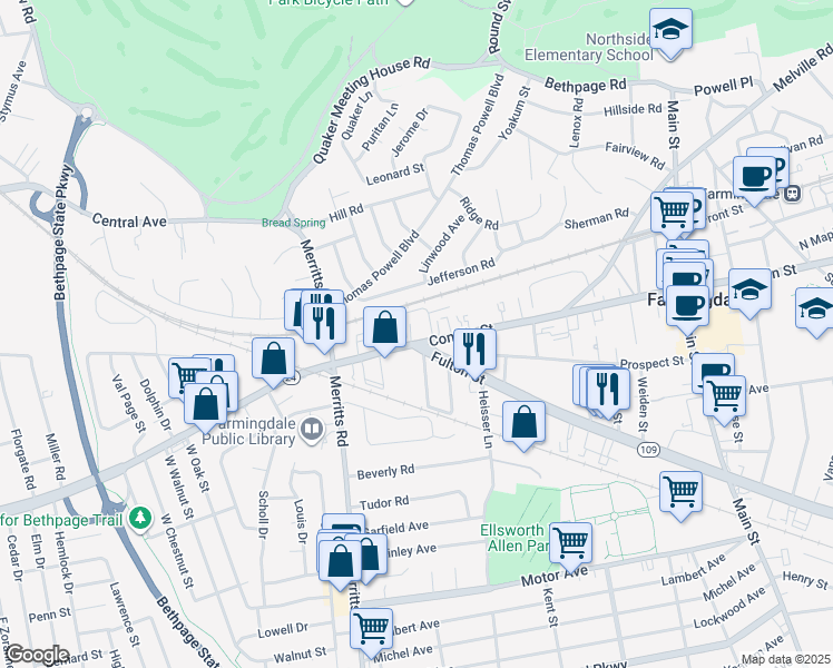 map of restaurants, bars, coffee shops, grocery stores, and more near 220 Fulton Street in Farmingdale