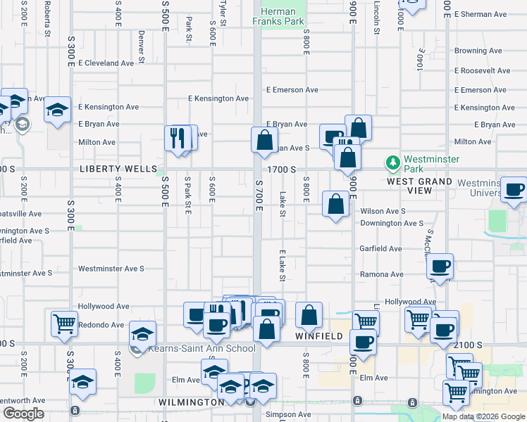 map of restaurants, bars, coffee shops, grocery stores, and more near 1779 South 700 East in Salt Lake City