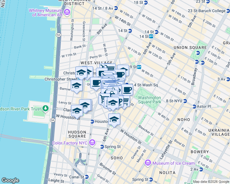 map of restaurants, bars, coffee shops, grocery stores, and more near 301-303 6th Avenue in New York
