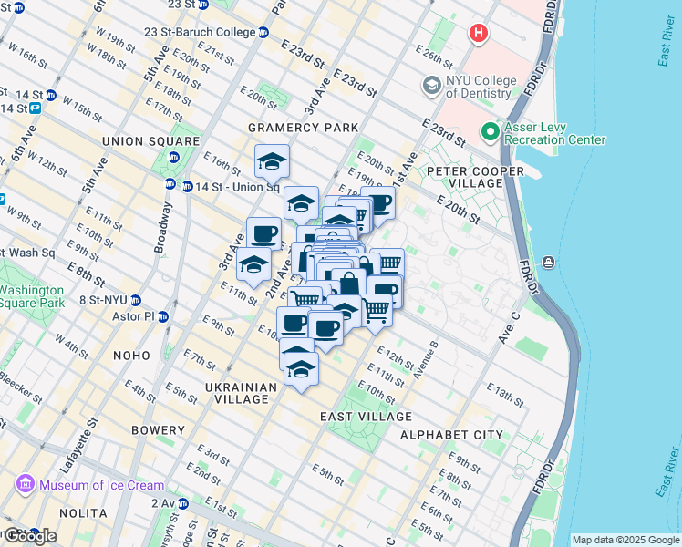 map of restaurants, bars, coffee shops, grocery stores, and more near 347 East 14th Street in New York