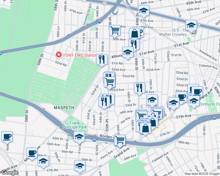map of restaurants, bars, coffee shops, grocery stores, and more near 53-14 65th Place in Queens