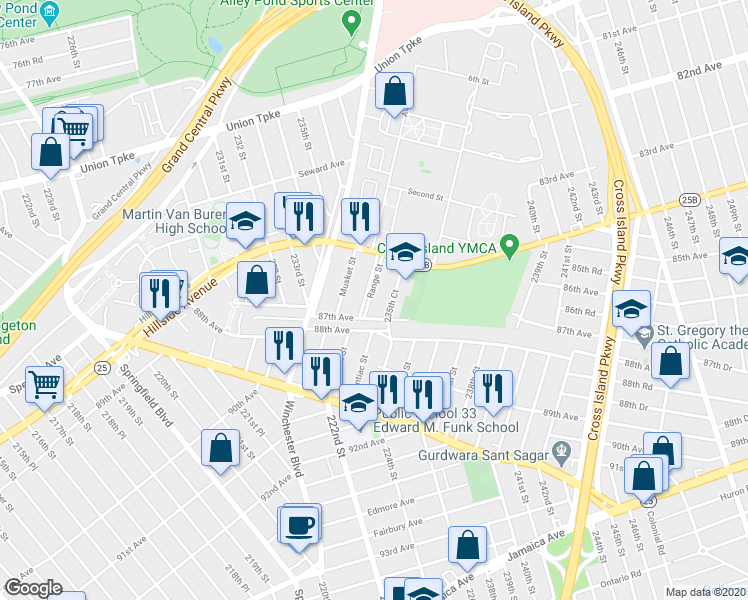 map of restaurants, bars, coffee shops, grocery stores, and more near 86-51 Range Street in Queens
