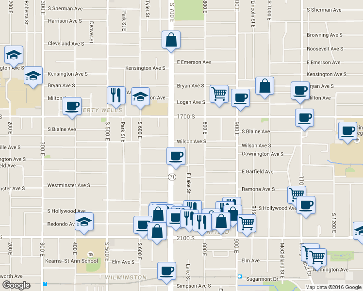 map of restaurants, bars, coffee shops, grocery stores, and more near 1810 East Lake Street in Salt Lake City