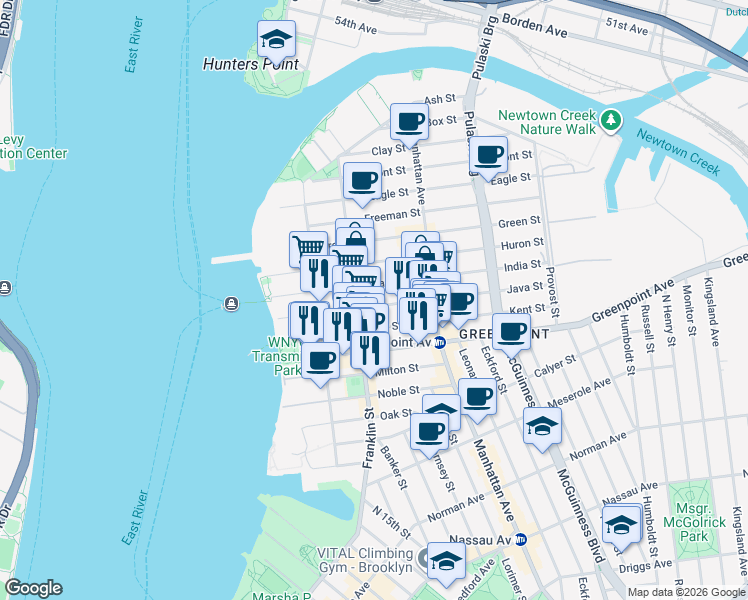 map of restaurants, bars, coffee shops, grocery stores, and more near 170 Franklin Street in Brooklyn