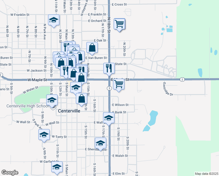 map of restaurants, bars, coffee shops, grocery stores, and more near 219 South 18th Street in Centerville