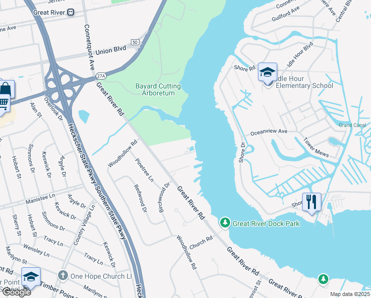 map of restaurants, bars, coffee shops, grocery stores, and more near 263A Great River Road in Great River