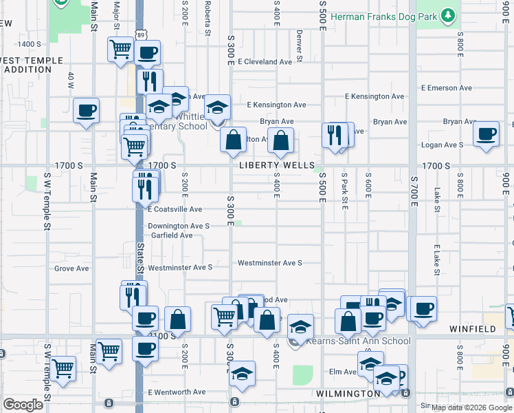 map of restaurants, bars, coffee shops, grocery stores, and more near 361 Downington Avenue South in Salt Lake City