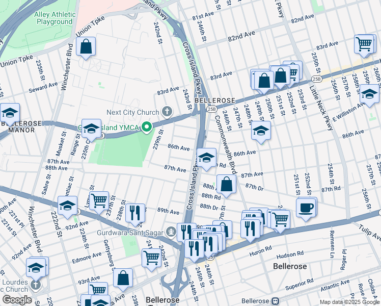map of restaurants, bars, coffee shops, grocery stores, and more near 241-50 86th Road in Queens