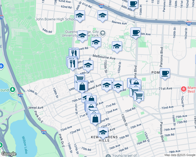 map of restaurants, bars, coffee shops, grocery stores, and more near 147-15 Jewel Avenue in Queens