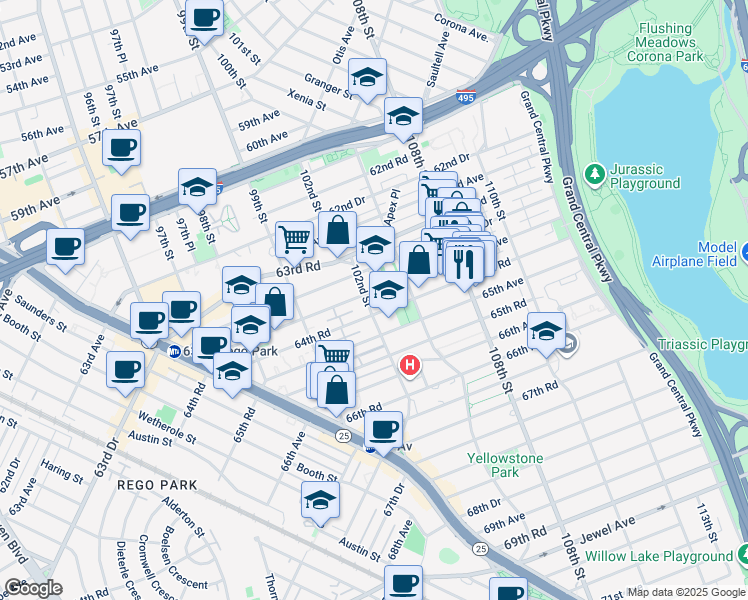 map of restaurants, bars, coffee shops, grocery stores, and more near 64-35 102nd Street in Queens
