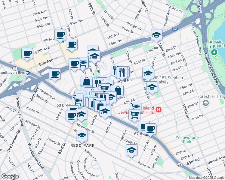 map of restaurants, bars, coffee shops, grocery stores, and more near 98-02 63rd Drive in Queens