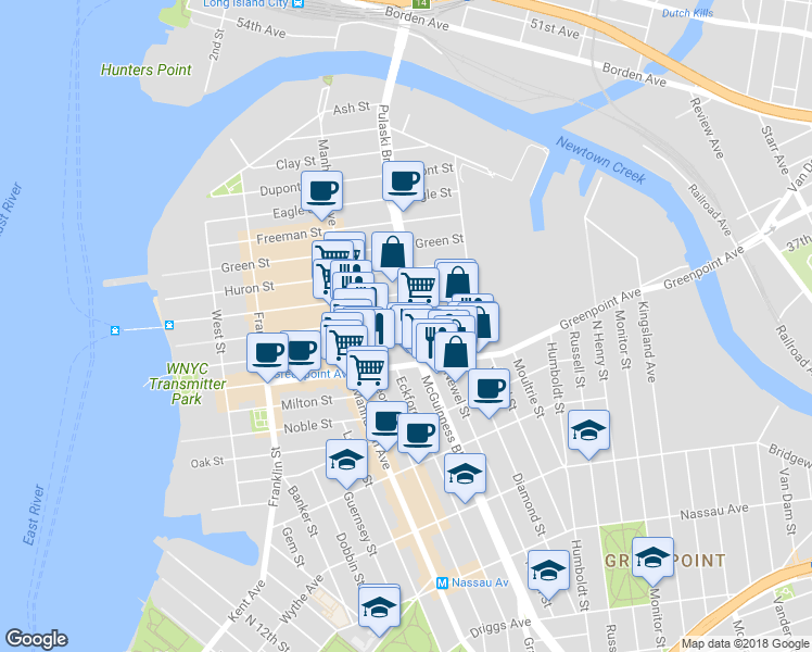 map of restaurants, bars, coffee shops, grocery stores, and more near 189 Greenpoint Avenue in Brooklyn