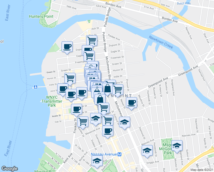 map of restaurants, bars, coffee shops, grocery stores, and more near 178 Greenpoint Avenue in Brooklyn