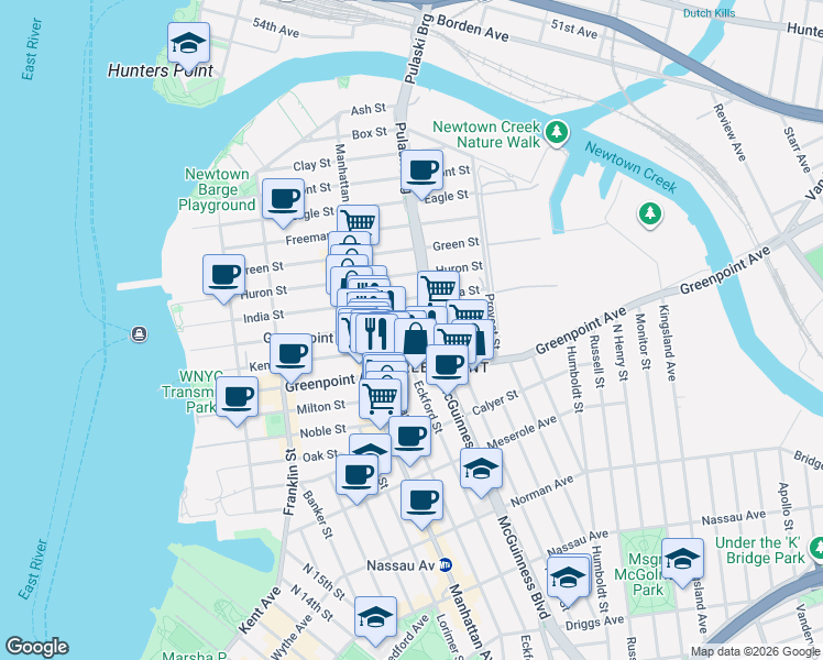 map of restaurants, bars, coffee shops, grocery stores, and more near 178 Greenpoint Avenue in Brooklyn