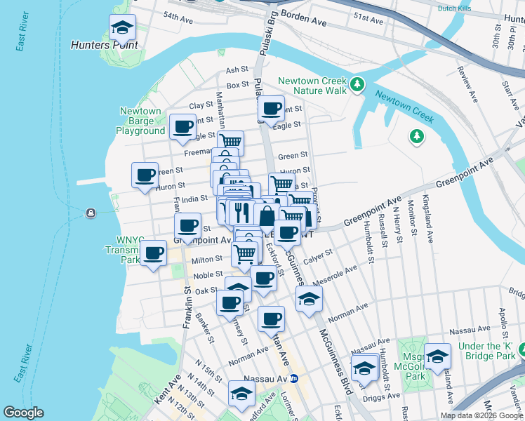 map of restaurants, bars, coffee shops, grocery stores, and more near 178 Greenpoint Avenue in Brooklyn