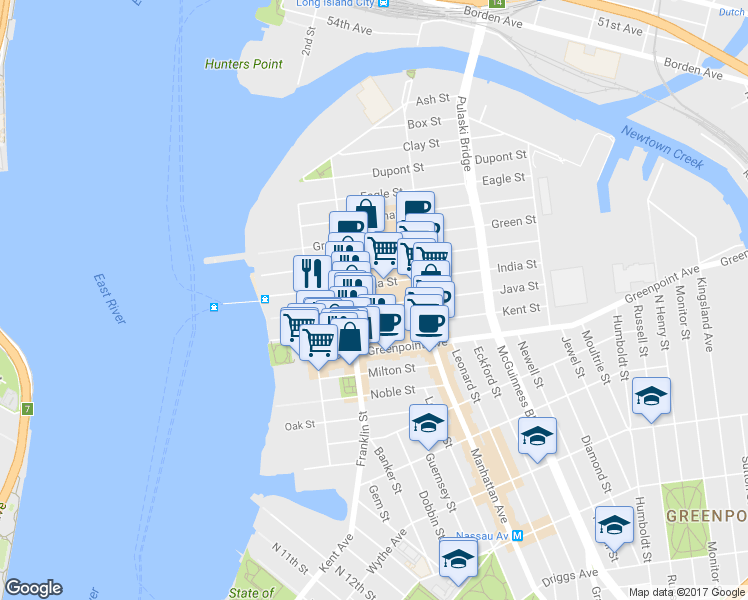 map of restaurants, bars, coffee shops, grocery stores, and more near 170 Franklin Street in Brooklyn
