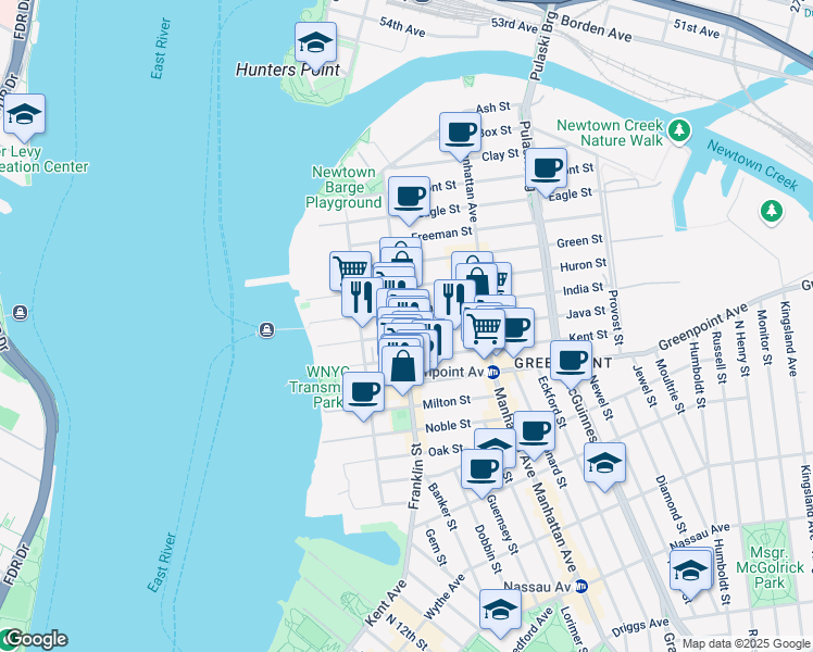 map of restaurants, bars, coffee shops, grocery stores, and more near 170 Franklin Street in Brooklyn