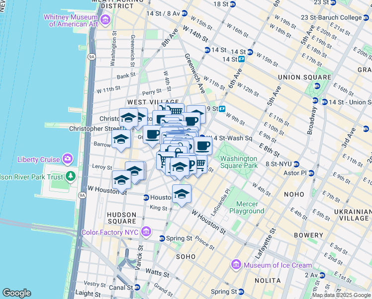map of restaurants, bars, coffee shops, grocery stores, and more near 249 Bleecker Street in New York
