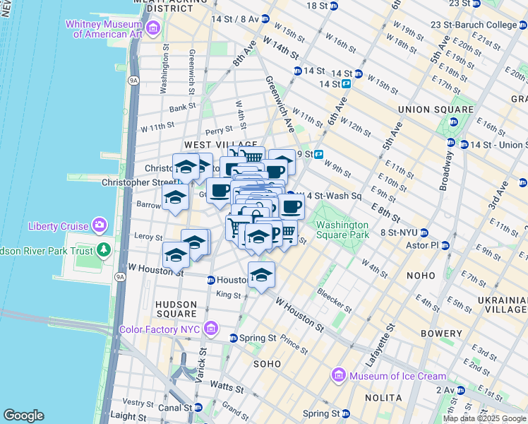 map of restaurants, bars, coffee shops, grocery stores, and more near 249 Bleecker Street in New York